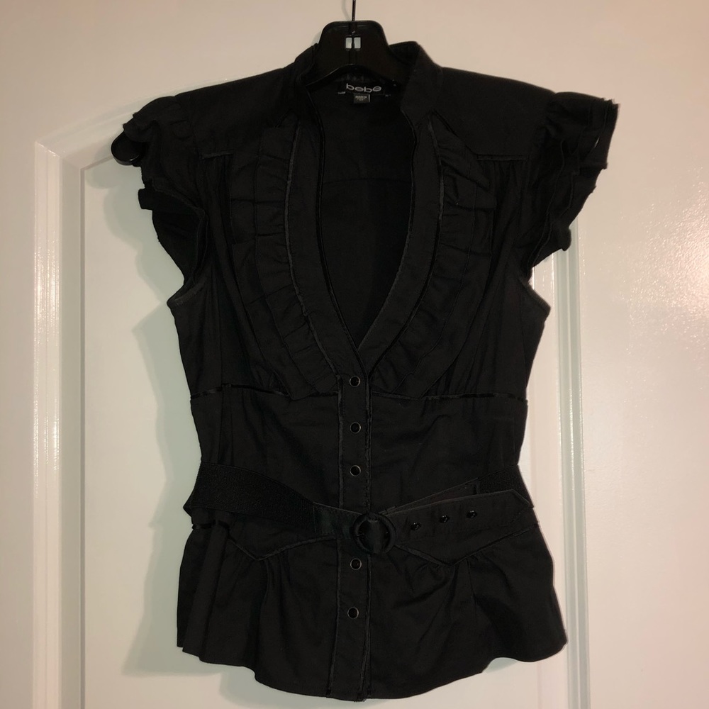 BEBE Belted Low-Cut Ruffled Button Top